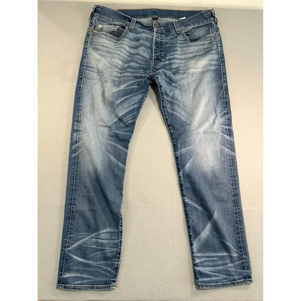 True Religion Jeans Mens 40 Blue Straight Leg Gino Slim Horseshoe Stitching